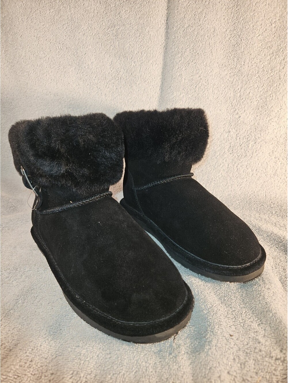 Bearpaw Womens Abby Black Suede 6” Faux Fur Cuffed Tab Sheep Skin Boot Sz. 6